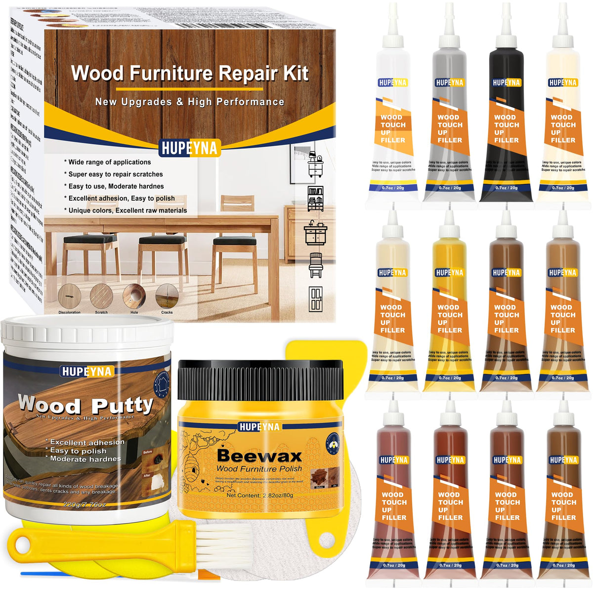 Hupeyna Wood Furniture Repair Kit, 21 Pcs Touch Up Wood Putty, Wood Fillers and Beeswax - Repair Cracks, Scratch, Hole, Discoloration for Wooden