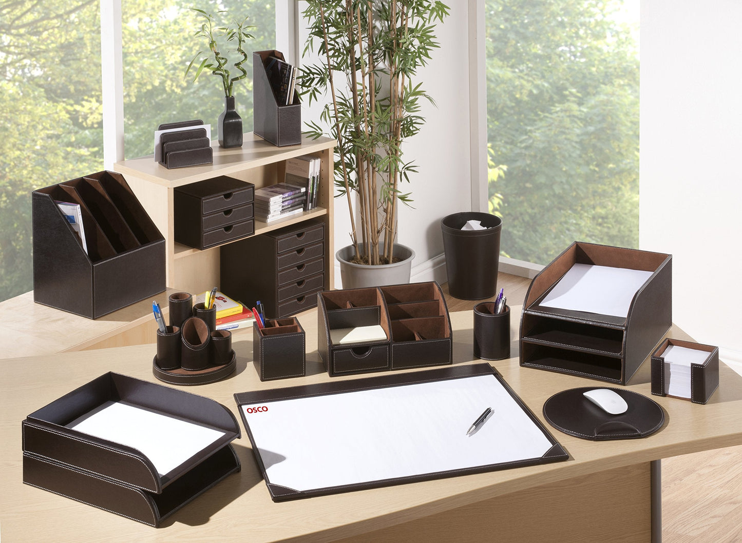 OSCO Brown Faux Leather 2 Tier Sorter with Letter Tray | A4 | Drawers | Desk Tidy | Document Storage | Paperwork Organiser | File Holder | 35 x 25 x