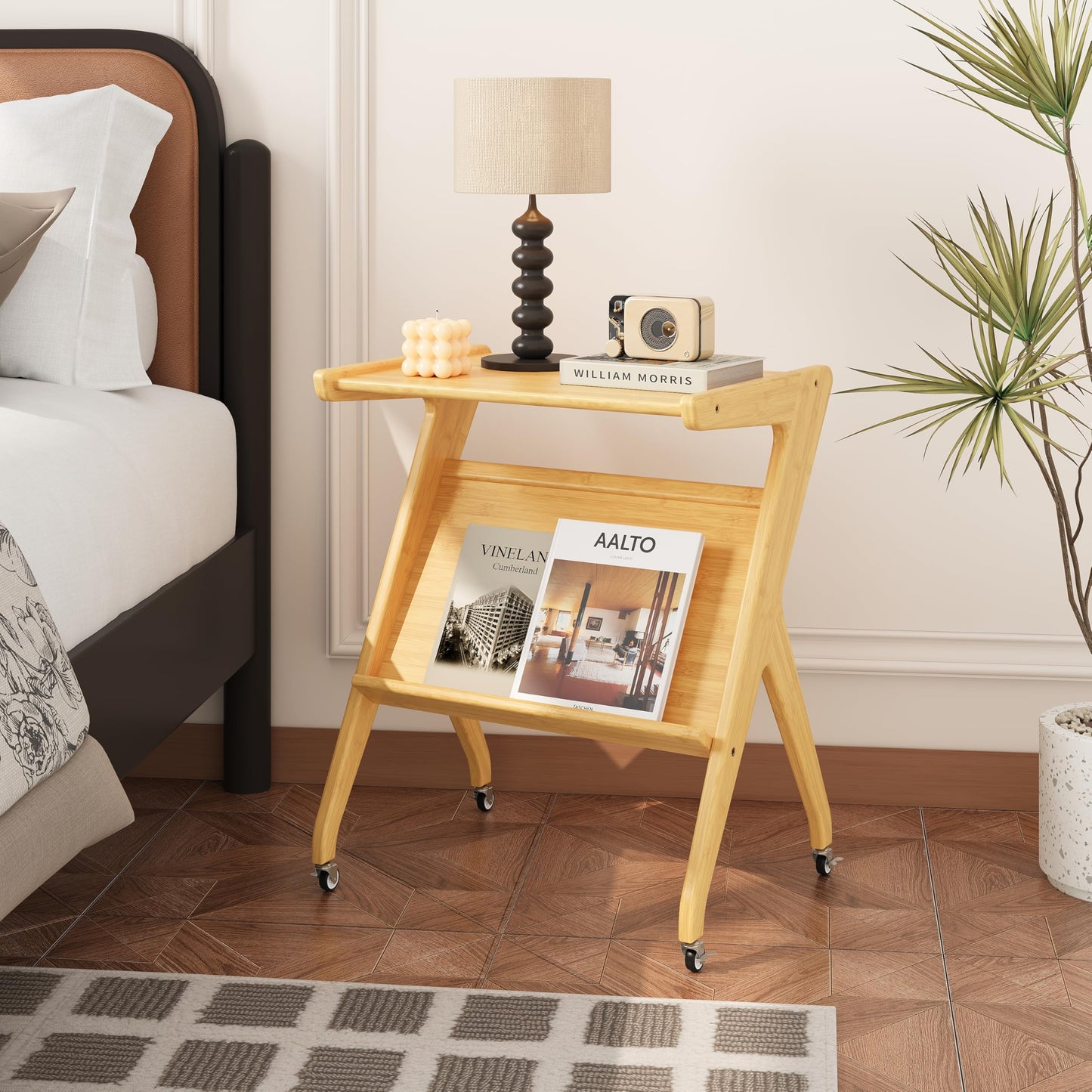 Hunlostten Bamboo Side Table with Casters Storage, Living Room Bedside Tables for Bedroom, Wood End Tables Home Office Sofa Table Nightstand