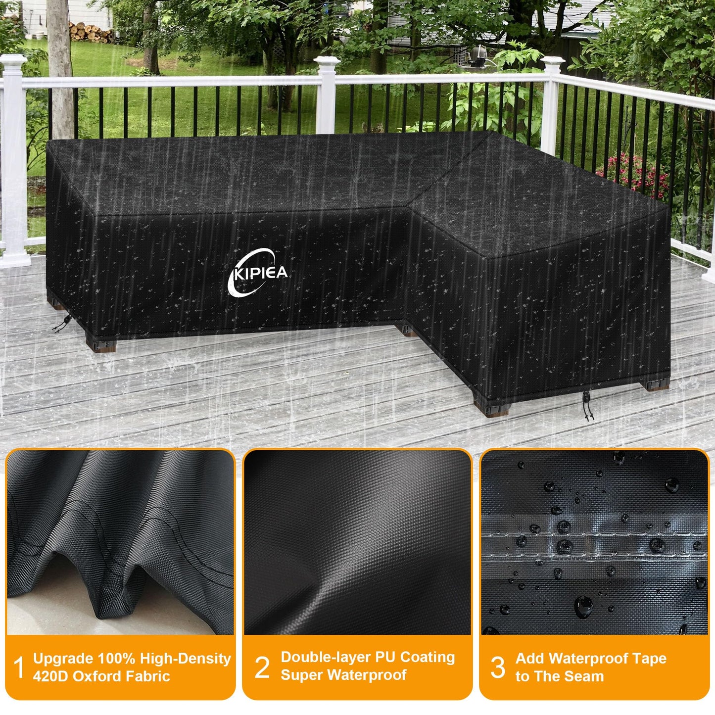 Kipiea L Shaped Garden Furniture Covers Waterproof, 420D Heavy Duty Oxford Fabric Outdoor Rattan Corner Sofa Covers with Windproof, Garden Sofa Cover,