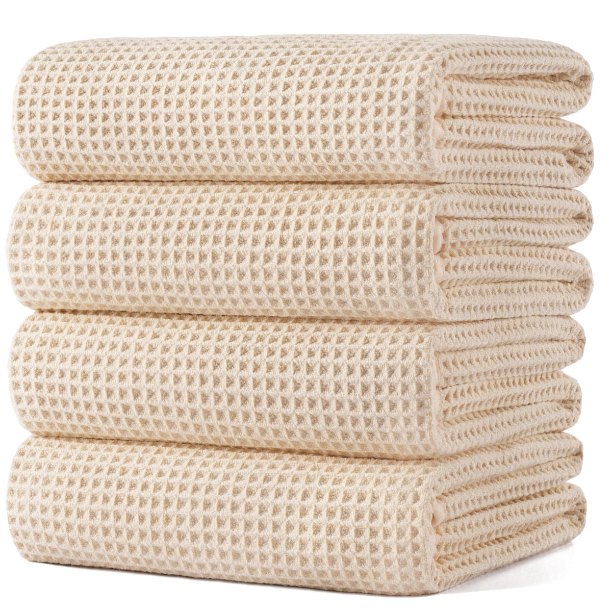 POLYTE 430 gsm Microfibre Oversize Quick Dry Lint Free Bath Towel, 152 x 76 cm, 4 Pack (Beige, Waffle Weave)