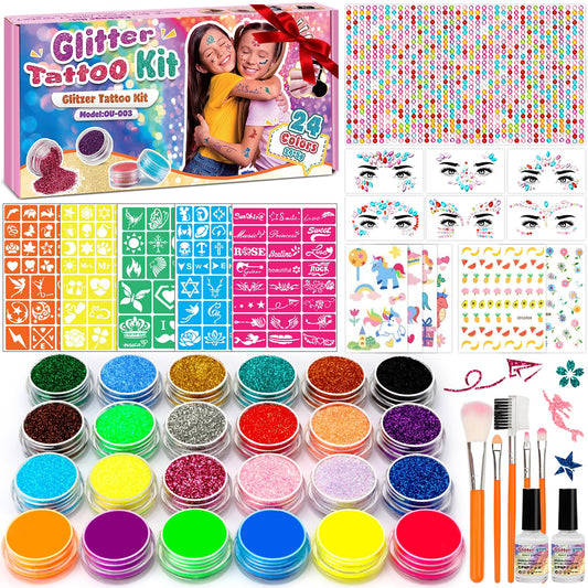 KHOLEZ Glitter Tattoos for Kids, Temporary Face & Body Glitter Make Up Kit - 24 Colours, Stencils, Gems, Rhinestones - Perfect for Birthday, Party,