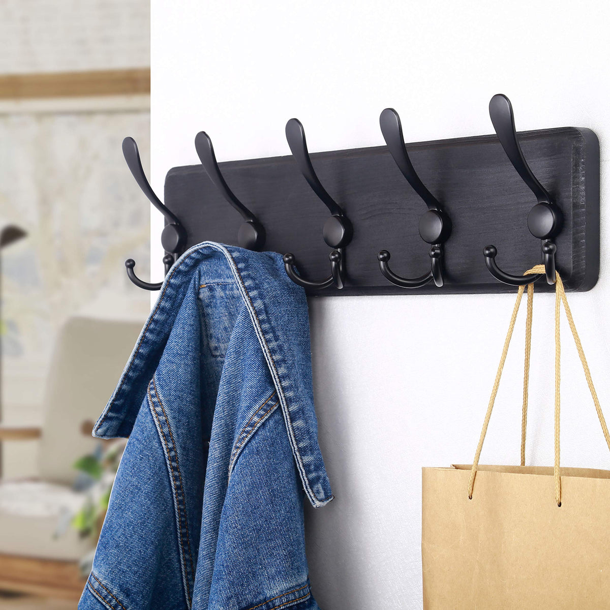 SKOLOO Coat Rack Wall Mounted - Wooden, Heavy Duty, Rustic Coat Hooks for Wall, 16'' Hole to Hole