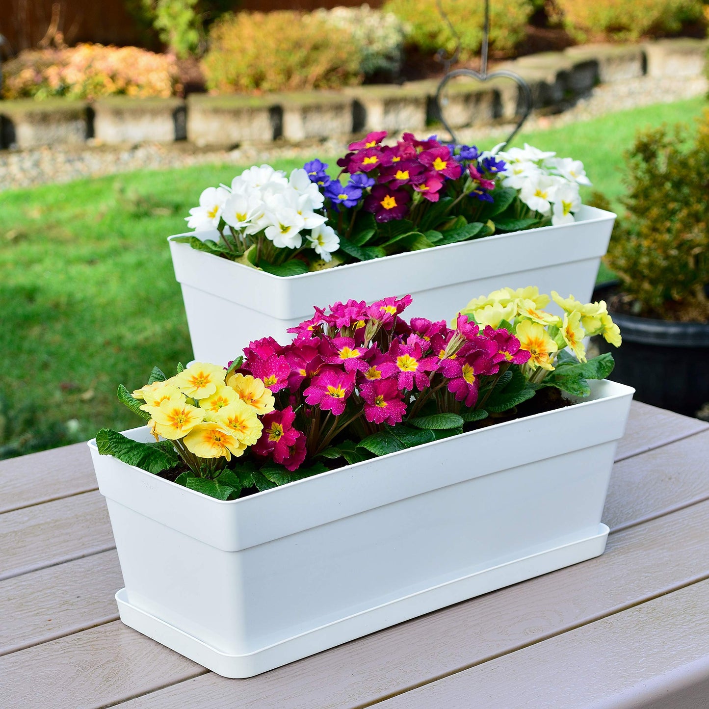 Youngever 3 Pack 38CM Plastic Window Box Planter, Heavy Duty, Flower Box Planter with Attached Tray for Windowsill Garden Balcony, White