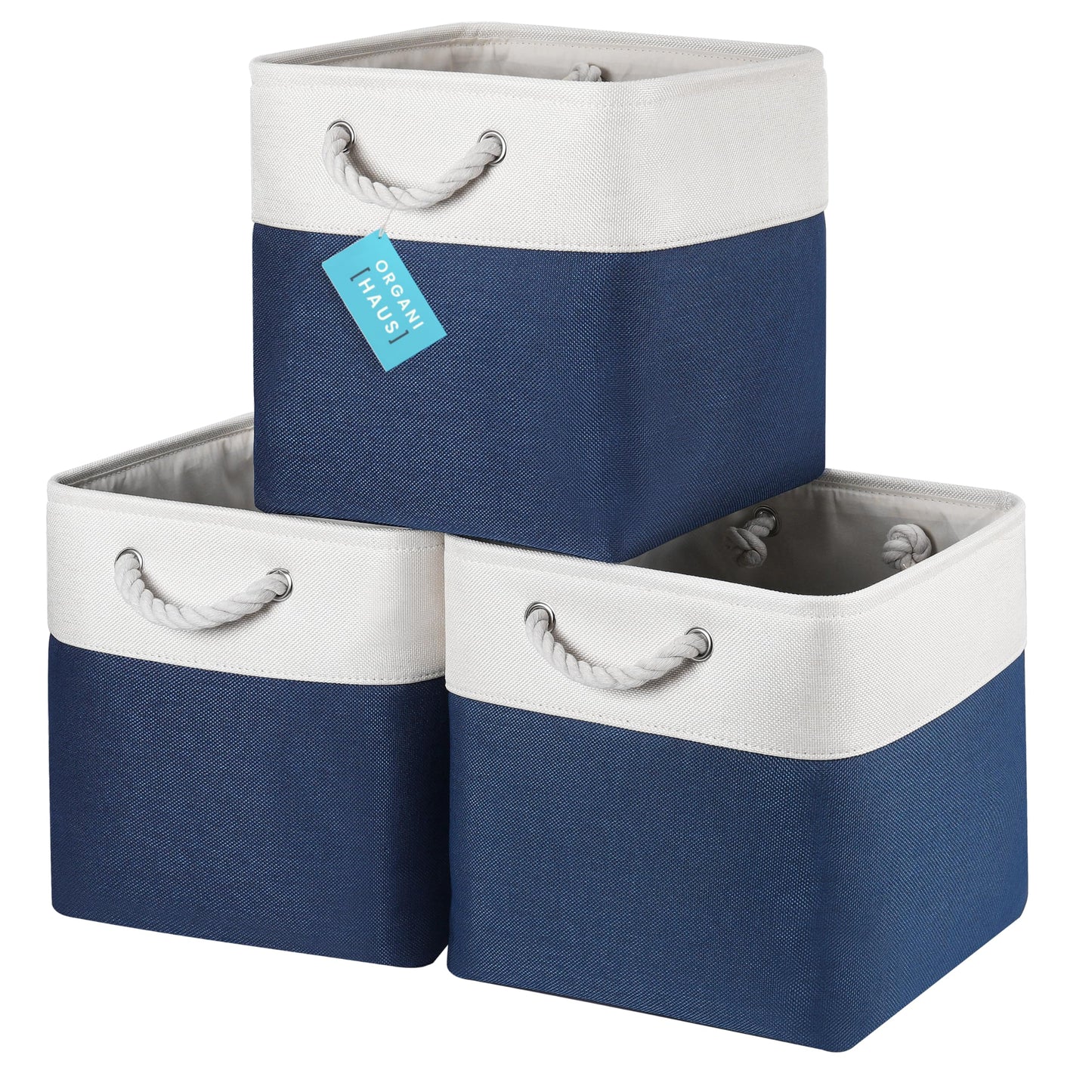 OrganiHaus Fabric Storage Boxes, Set of 3 Foldable 30X30 Cube Organiser Bins with Rope Handles for Shelves, Nursery & Closet