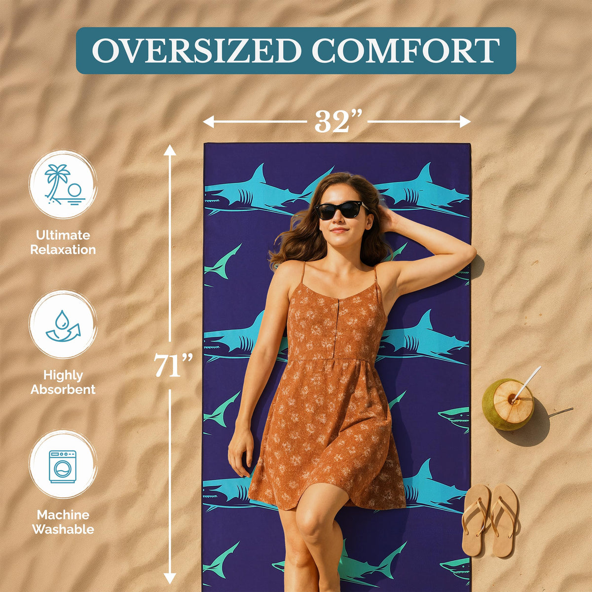 Casa Platino 6-Pack Oversized Beach Towels – 71"x32" Lightweight, Sand-Free Microfiber – Quick-Dry, Double-Sided Printed Towels for Pool, Swim