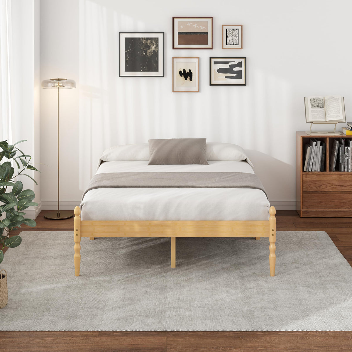 Hunlostten Wooden Double Bed Frame - Wood Platform Bed Frame Double with Metal Slats Support, Easy to Install, Noise Free, Sturdy, 35.5 cm High with
