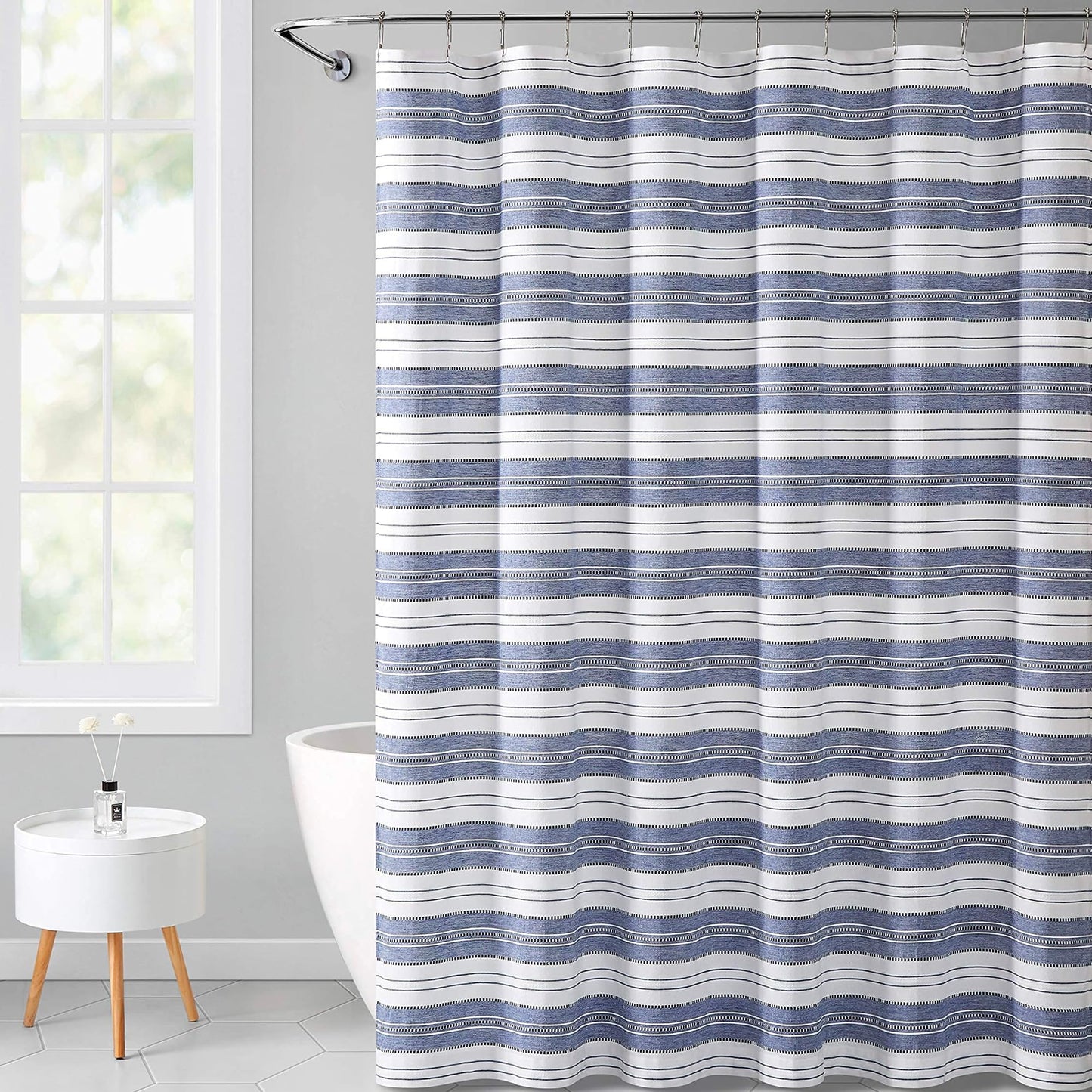 Serafina Home Nautical Chambray Blue and White Fabric Shower Curtain: Cotton Luxury Hotel Stripe with Detailed Eyelet Decorative Weave (Navy)