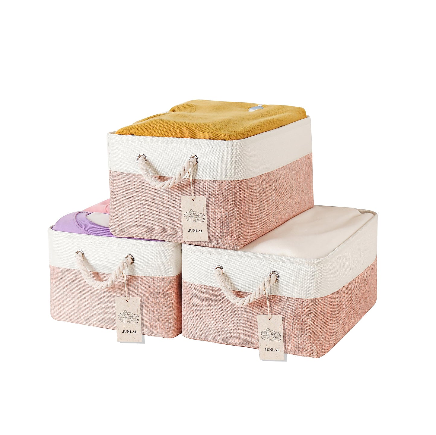 JUNLAI 3 Pcs Storage Baskets with Handles, Foldable Small Storage Boxes, Fabric Wardrobe Storage Basket for Office & Home, Book, Clothes