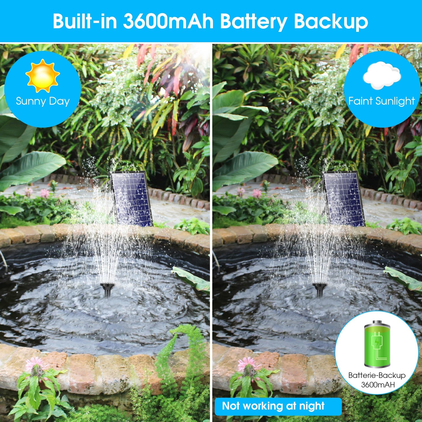 Billing Solar Pond Foundtain with Battery Backup, 8W 300L/H Solar Water Pump with 3600 mAh Battery Backup Filter Solar Water Feature Pump with DIY 5ft