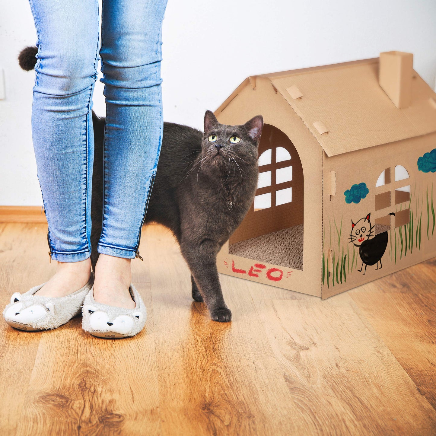 Relaxdays Cat House Cardboard, Kitten Cave Scratching Board, Easy Assembly, Incl. Catnip, 46 x 36.5 x 42.5 cm, Brown