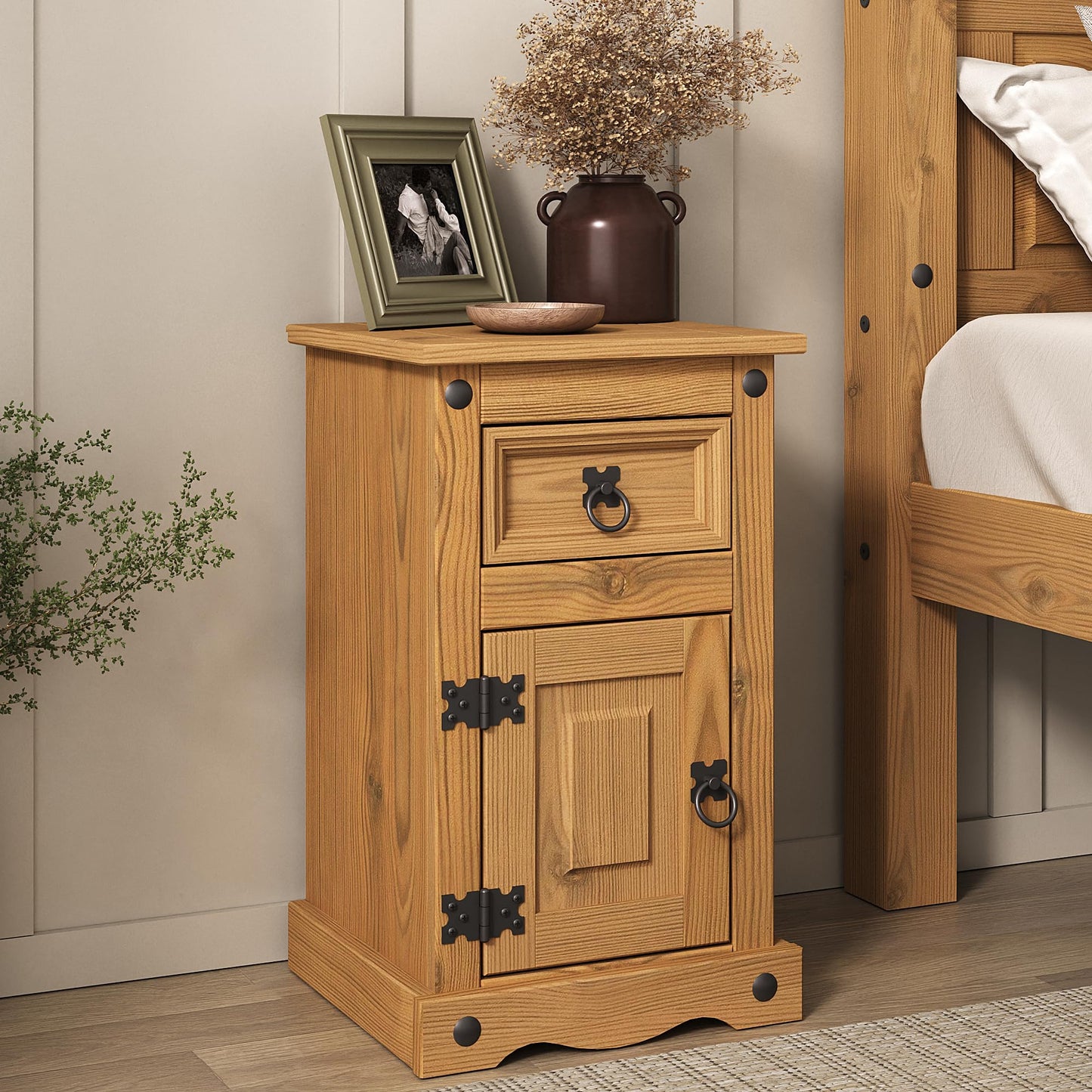 Corona 1 Door 1 Drawer Bedside Table Cabinet Mexican Solid Pine