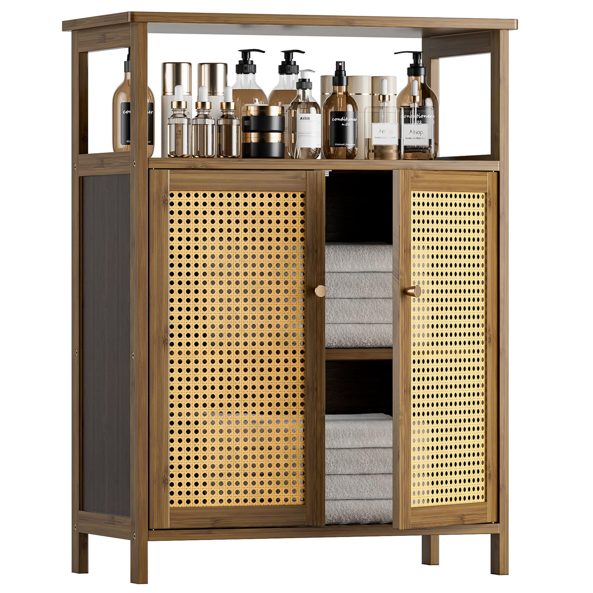 HITNET Rattan Bathroom Floor Cabinet, Bamboo Storage Cupboard with 2 Doors, Freestanding Living Room Sideboard, Space Saving Entryway Storage Unit,