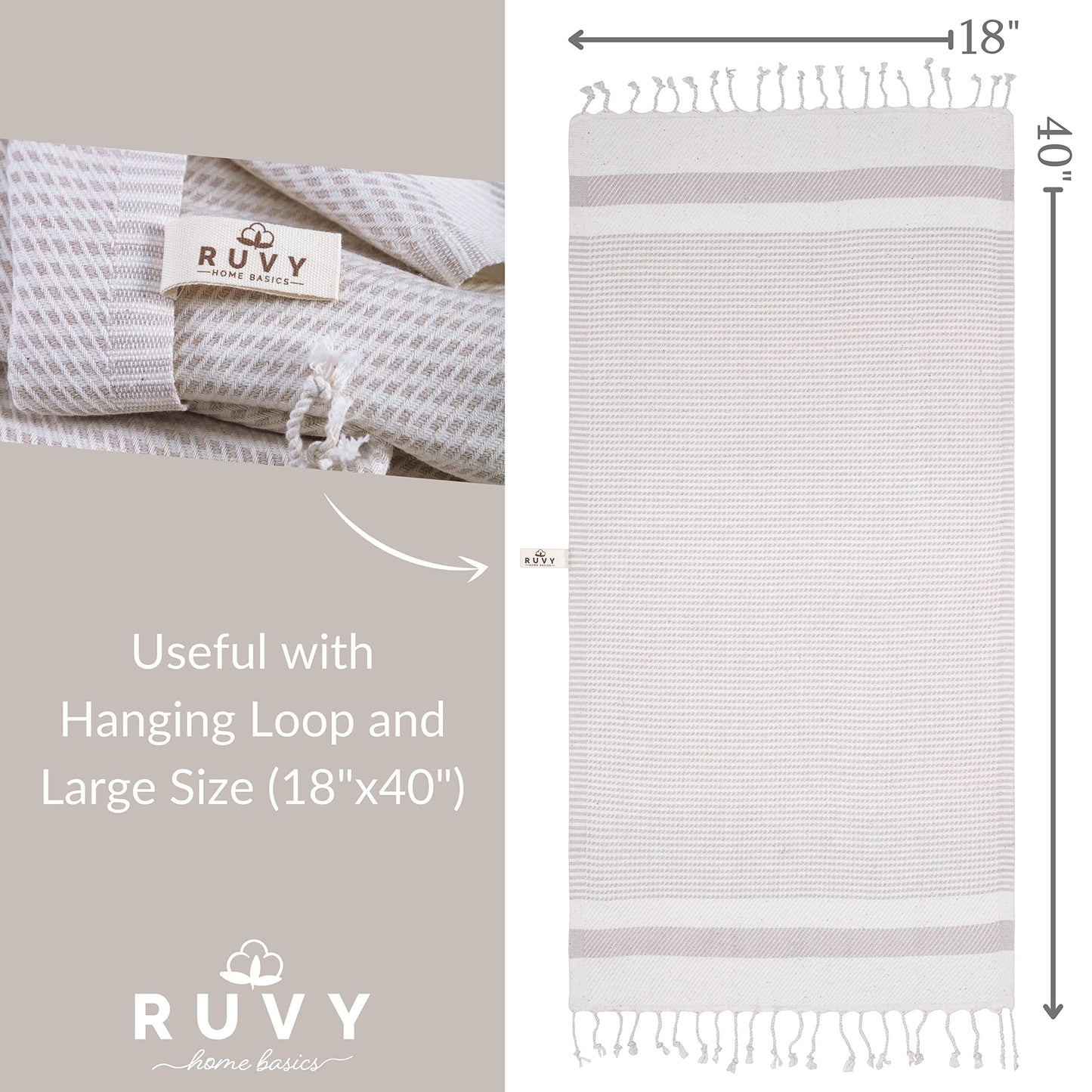 Ruvy Home Basics Turkish Hand Towels Set of 2 | 16x40 inches, 100% Turkish Cotton | Bathroom, Kitchen, Yoga, Gym, Spa, Tea, Dishcloth, Face - Beige