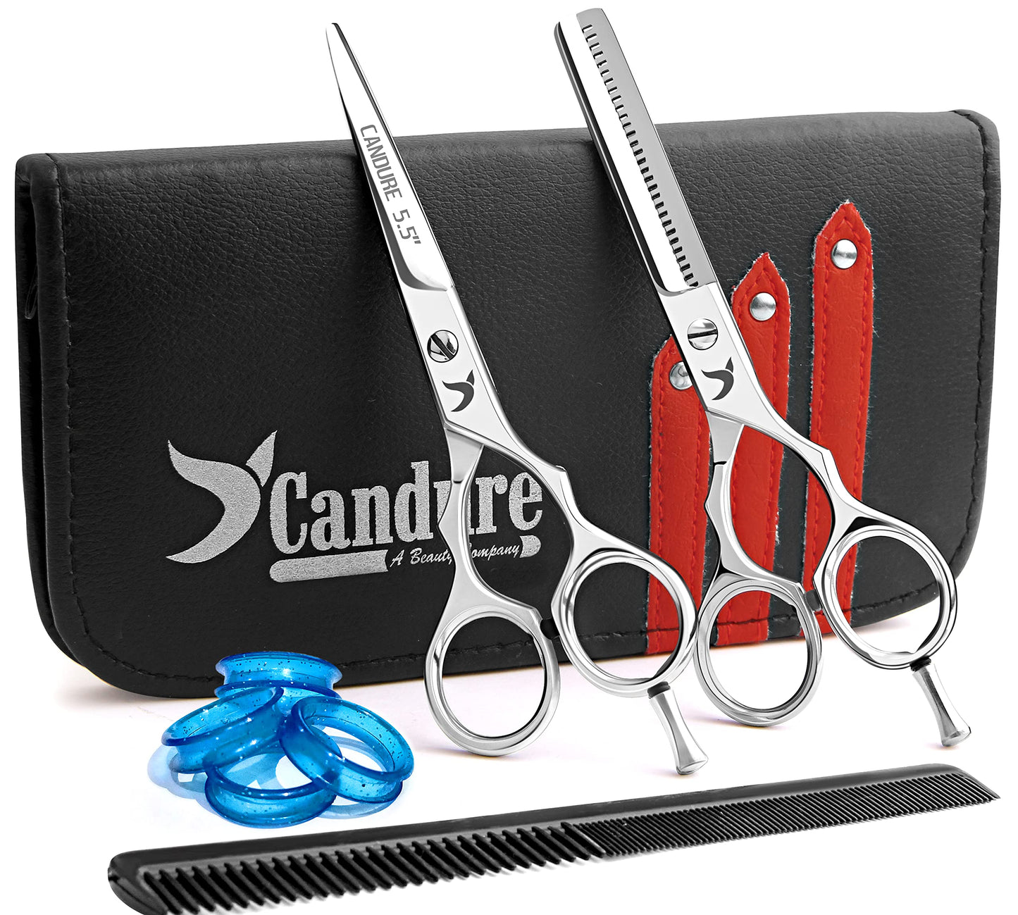 Candure Hairdressing Scissor Hairdresser thinning Scissor Set - 5.5 Inch Hair Cutting and Hair Scissor with Comb and Pouch - for Men, Women, Children