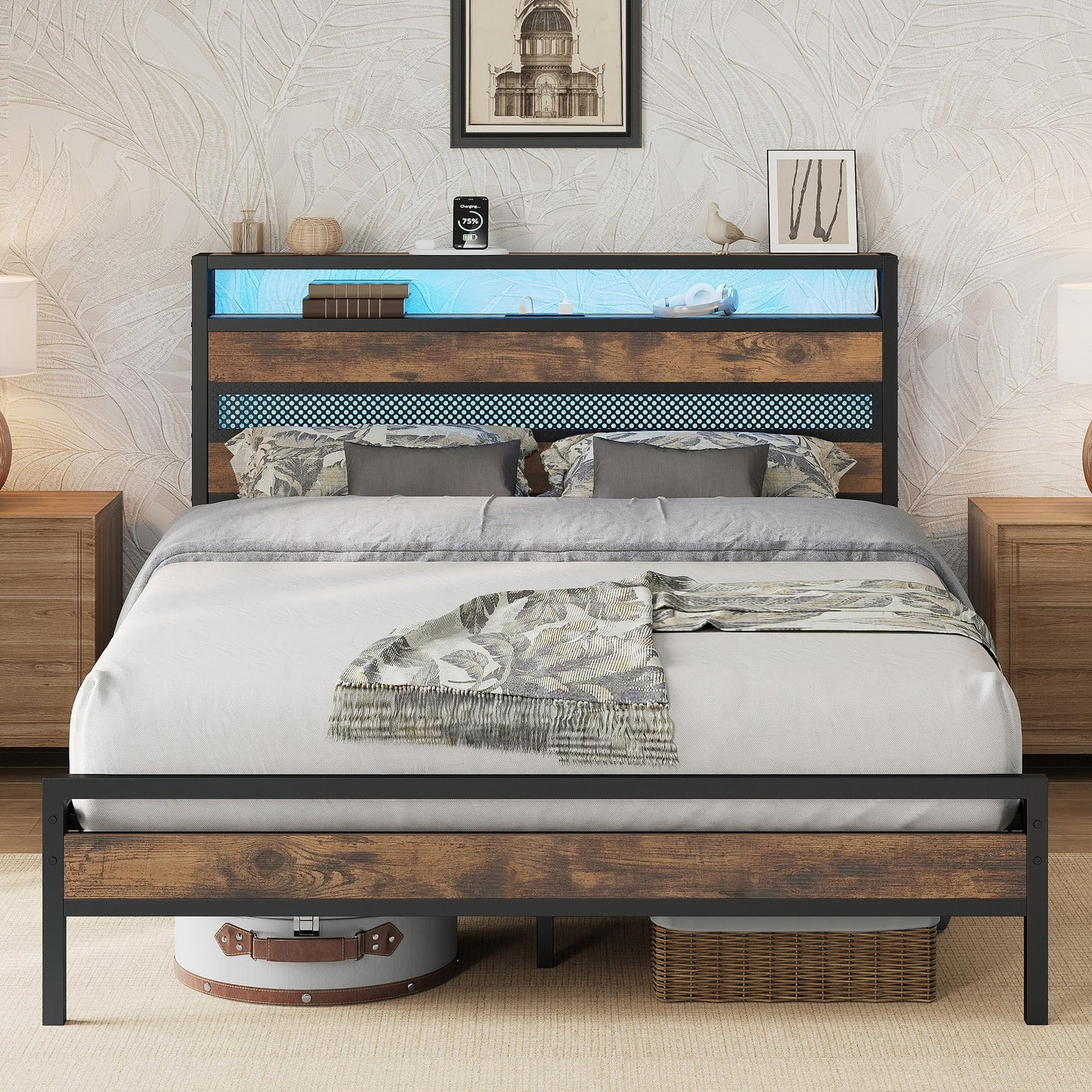 IRONCK 4ft6 Double Bed Frame with Storage Headboard and Charging Station/LED Lights, Metal Platform Bed Frame Double, Reinforced Strong Support Leg,
