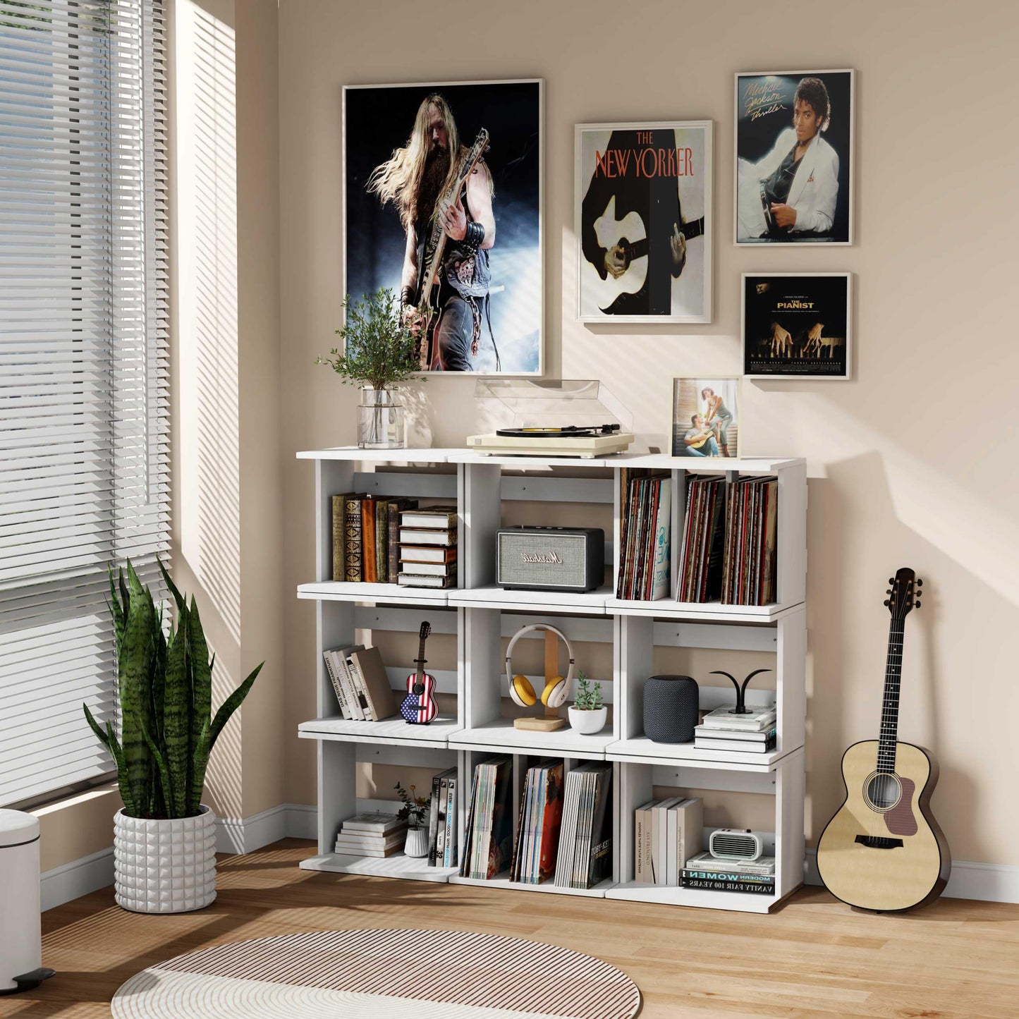 Emfogoo Vinyl Record Storage Wall Mounted Holds 100 LP Albums, 3-Tier Organizer Cabinet with Wall Mount