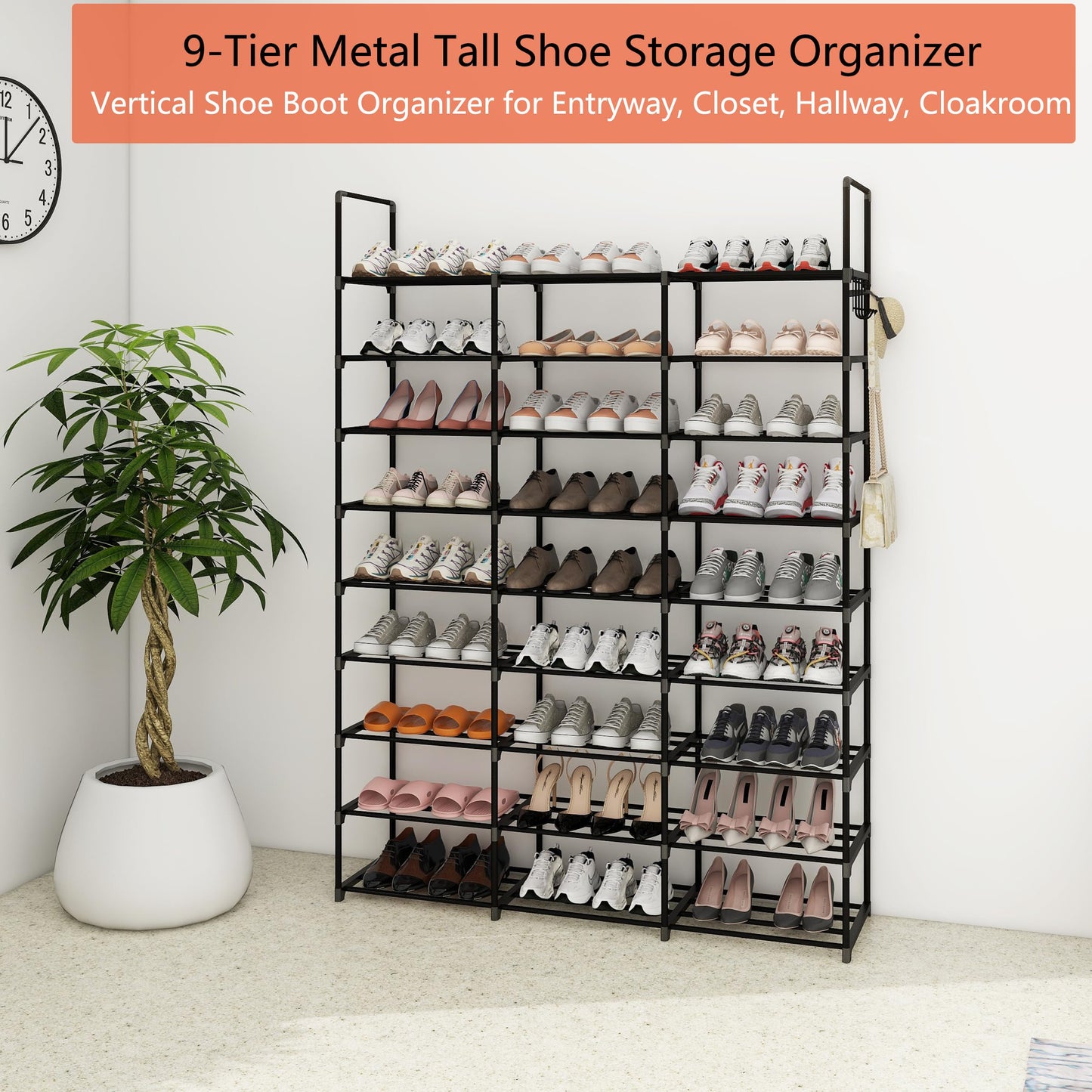 Lxvckly Shoe Rack, 9 Tiers Shoe Storage Organizer, Metal Tall Shoe Shelf Holds 54-60 Pairs, Vertical Shoe & Boot Organizer for Narrow Spaces
