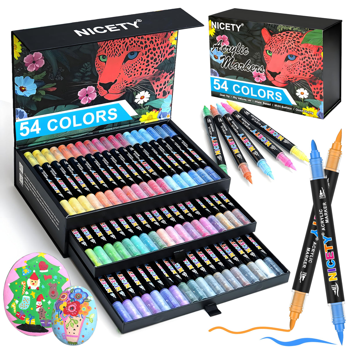 NICETY 54 Colours Dual Tip Acrylic Paint Pens Set ? 1?5mm Brush Tip & 1mm Fine Tip for Rock, Wood, Glass, Metal, Fabric, Ceramic & Canvas Window ?