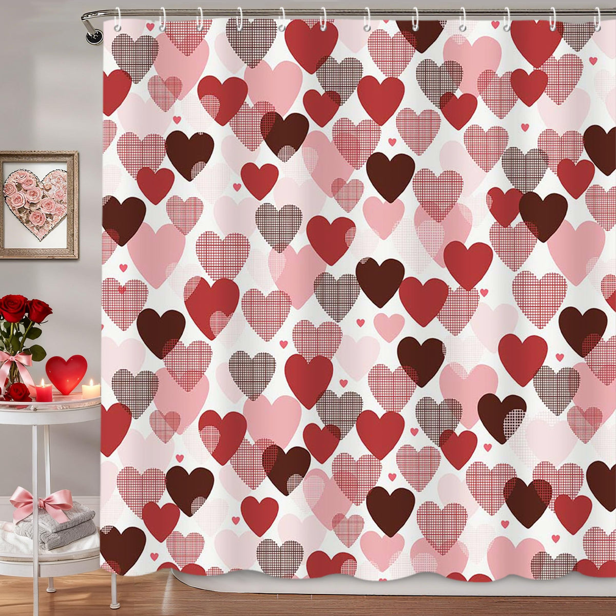 MEHOFOND Valentines Shower Curtain Red Pink Hearts Shower Curtain for Valentines Bathroom Decor Sweetheart Bathroom Curtains Washable Durable Fabric