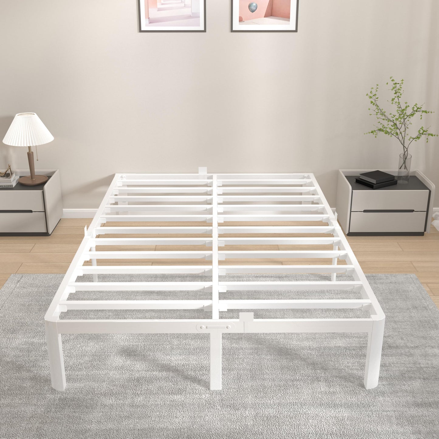 KVLKBV Double Bed Frame 140 x 190 cm, White Bed Frame with Metal Anti-slip Gasket and Large Storage Space Under Bed - Suitable for Bedroom, Guest Room