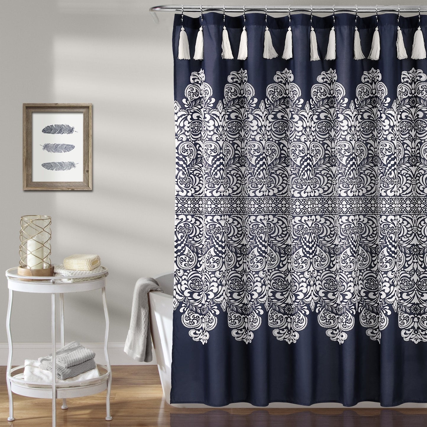 Lush Decor, 72" x 72", Navy Boho Medallion Shower Curtain-Fabric Bohemian Damask Print Design with Tassels