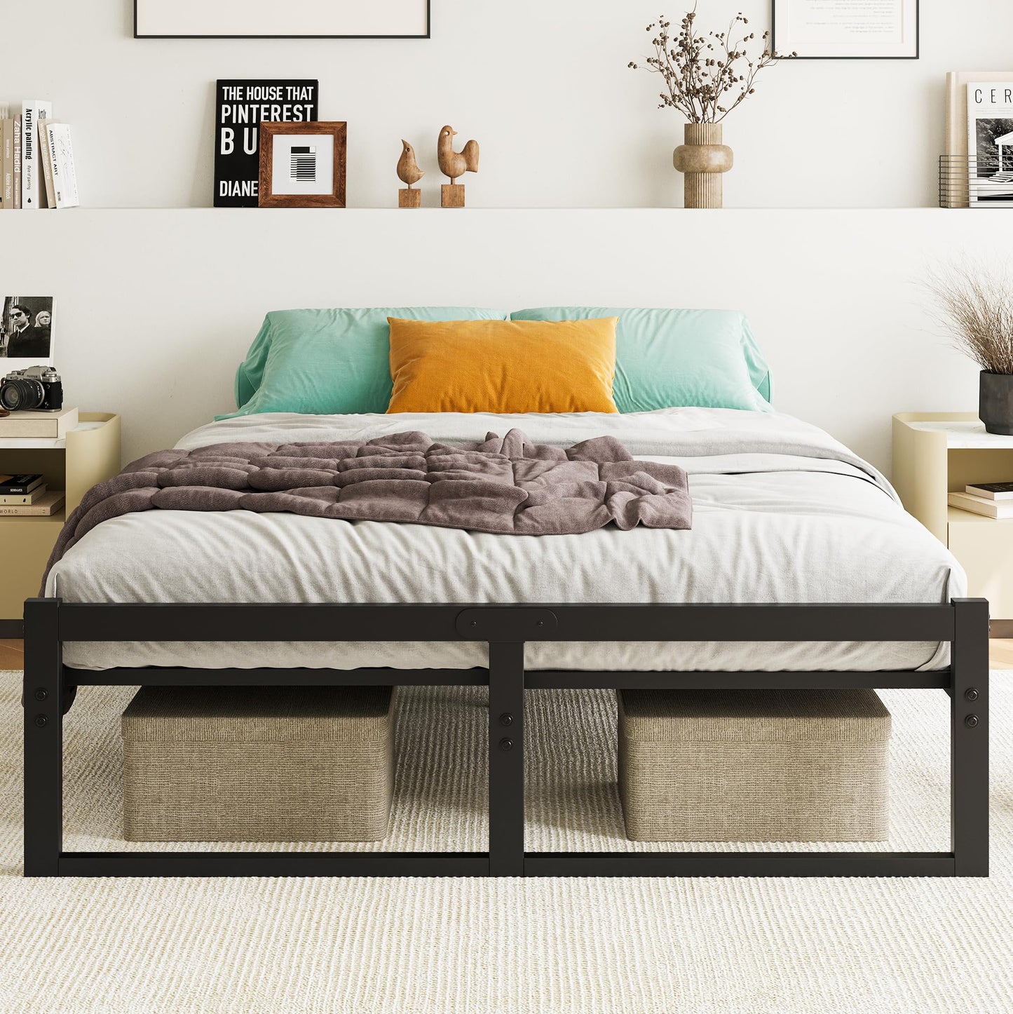 VECOCHO Bed 140 x 200, Bed Frame 140 x 200 cm with Metal Slatted Frame, Black