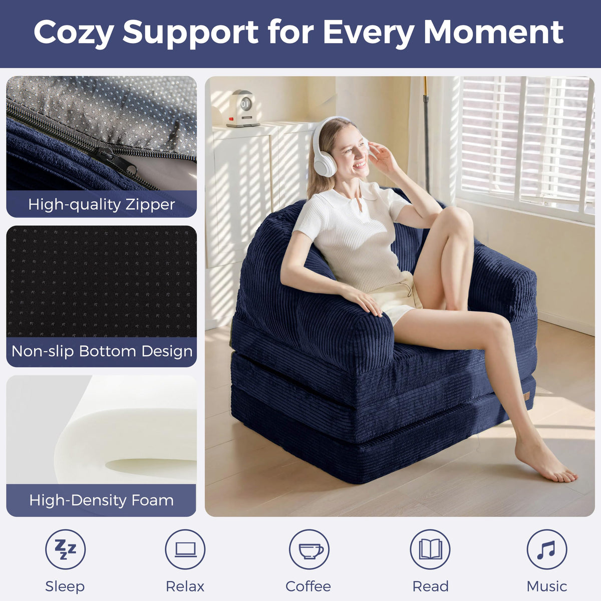 MAXYOYO Folding Sofa Bed with Backrest, Boneless Fold Out Couch Bed with Handle, 2 in 1 Convertible Bean Bag Chair to Floor Sofa Lounger
