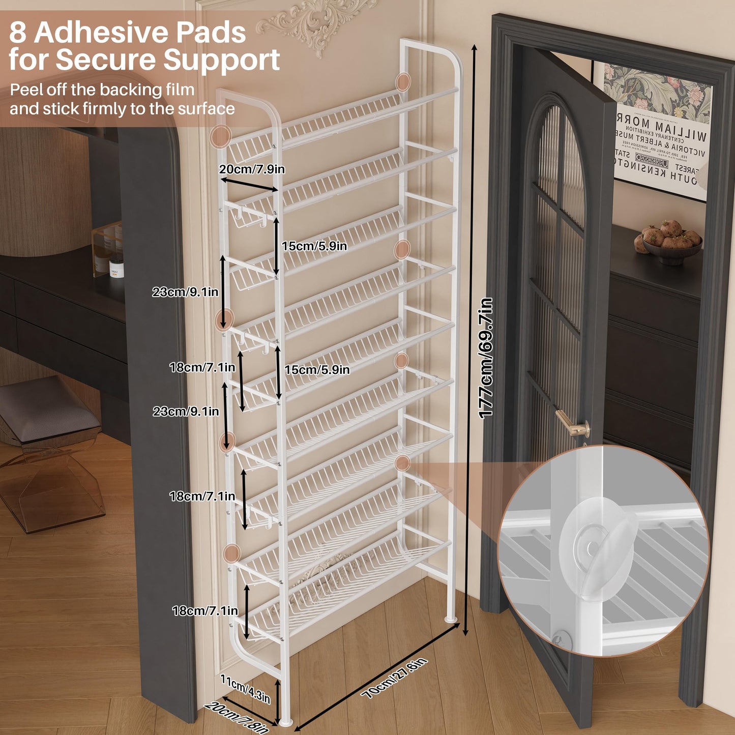 Ornestia Wall Mounted Shoe Rack,Metal Shoe Storage for Over Door,White 70cm