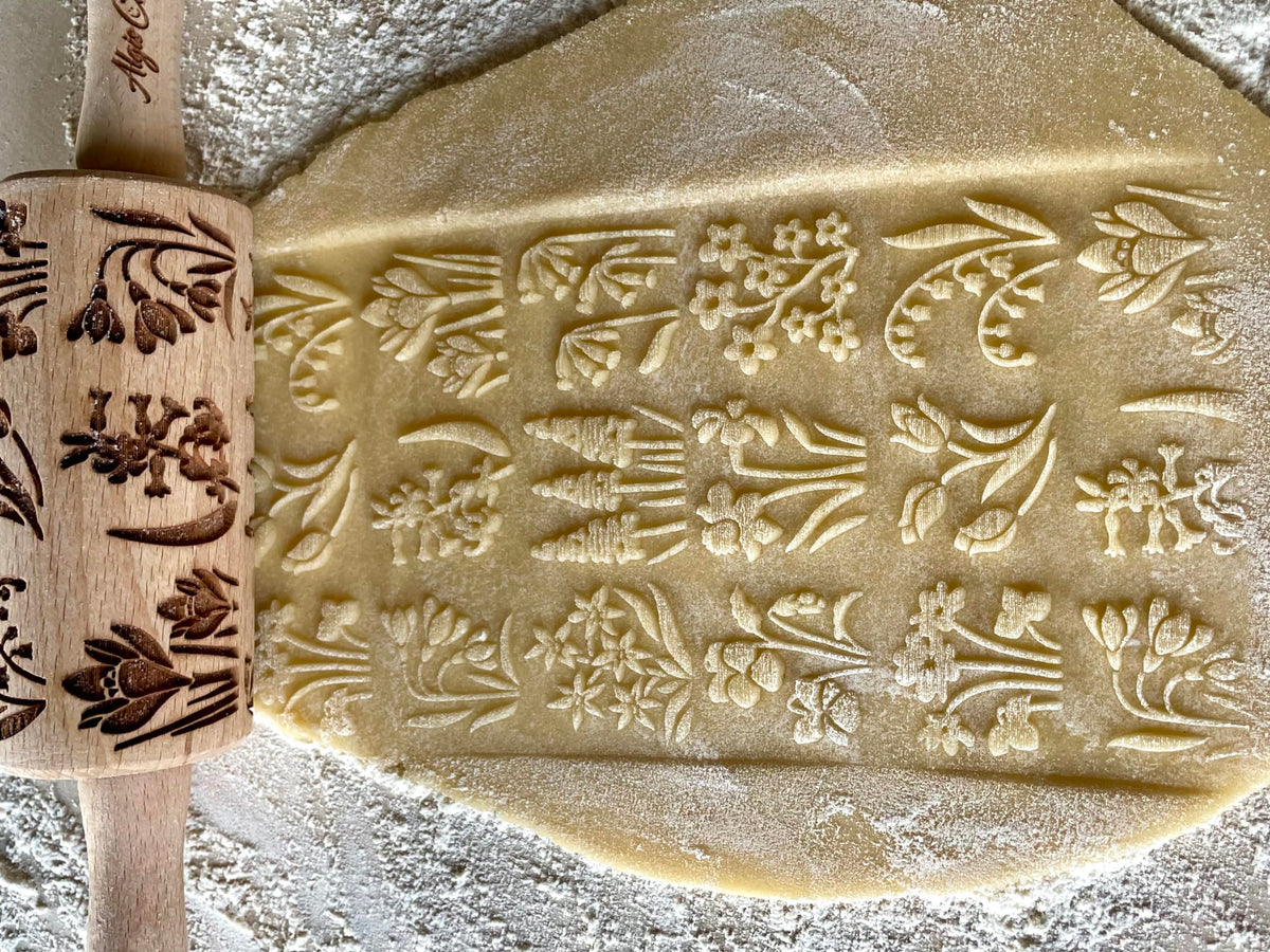 SEASONS 3 Mini Embossed Rolling Pin Set. Wooden Laser Cut Mini Rolling Pins for cookies or clay with spring flowers, tulips, daffodils, strawberries,
