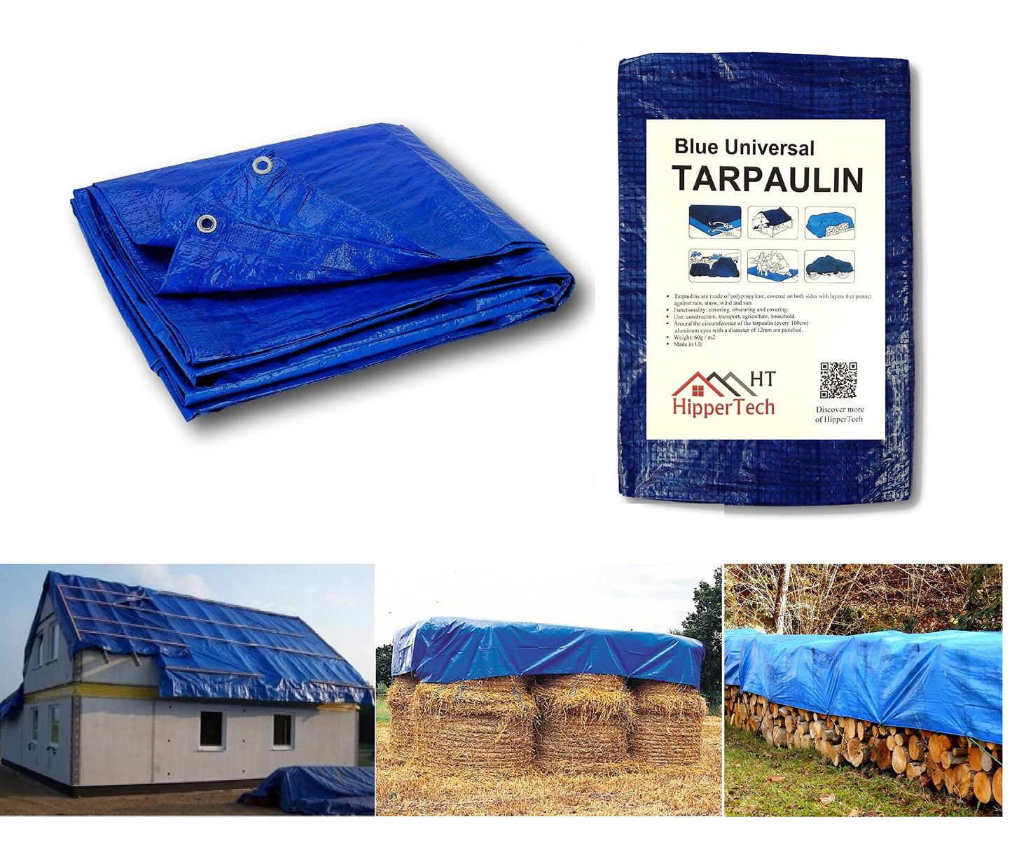 HipperTech? 5m x 8m / 16ft x 26ft Blue Waterproof Tarpaulin - Tarp Sheet Cover - Woven Polyethylene and Laminated 5m x 8m = 40m? (16ft x 26ft = 416sq