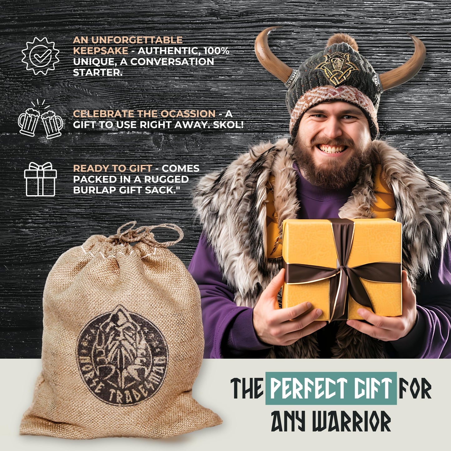 Norse Tradesman Genuine 50 cm Ox-Horn Viking Drinking Horn with Brown Leather Holster, Horn Stand & Brass Wolf Adornments | Burlap Gift Sack Included