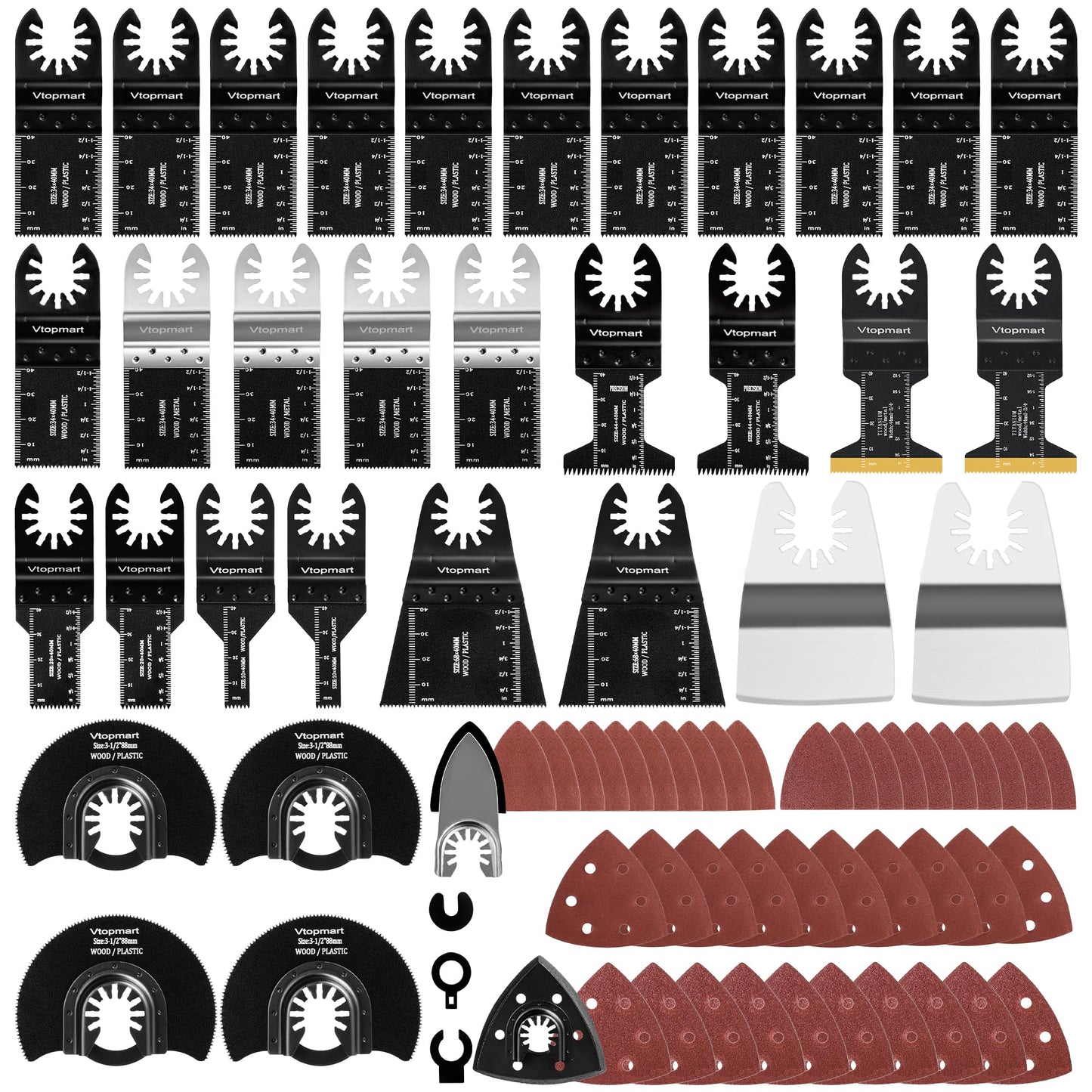 Vtopmart 114 Pcs Oscillating Tool Accessories Kit, Multitool Blade Set for Wood & Metal with Sandpaper Pads, Universal Oscillating Saw Blades