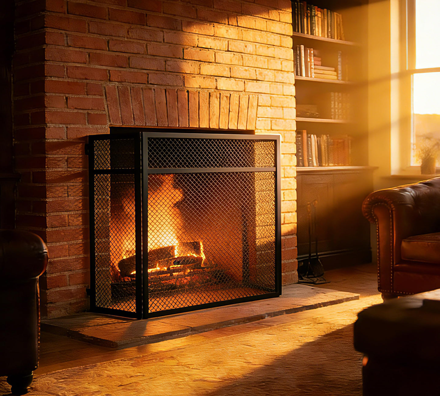 Kingson 3-Panel Flat-Top Fireplace Screen ? Black Powder-Coated Steel with Full-Length Piano Hinges ? Spark Guard Fire Screen ? Child & Pet Safe ?