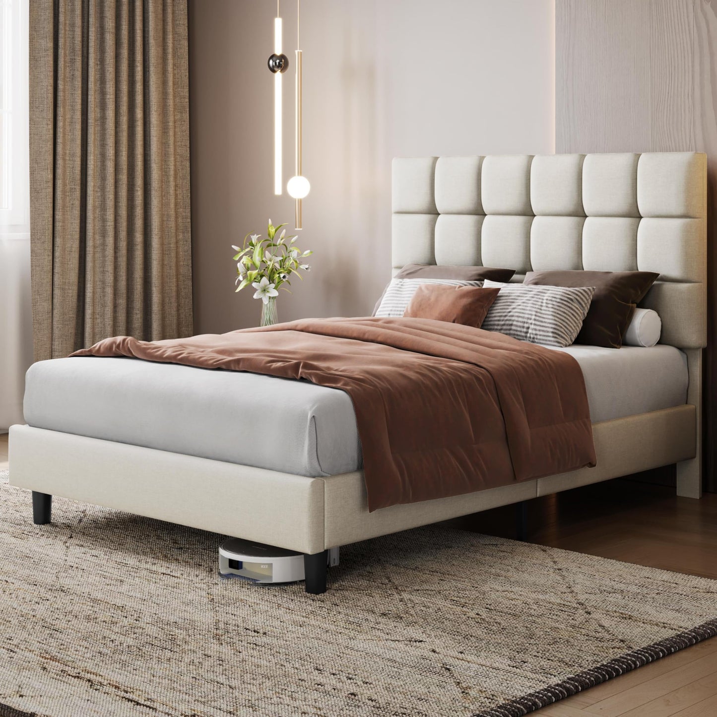 Yaheetech 4ft6 Double Bed Frame, Upholstered Headboard, Beige