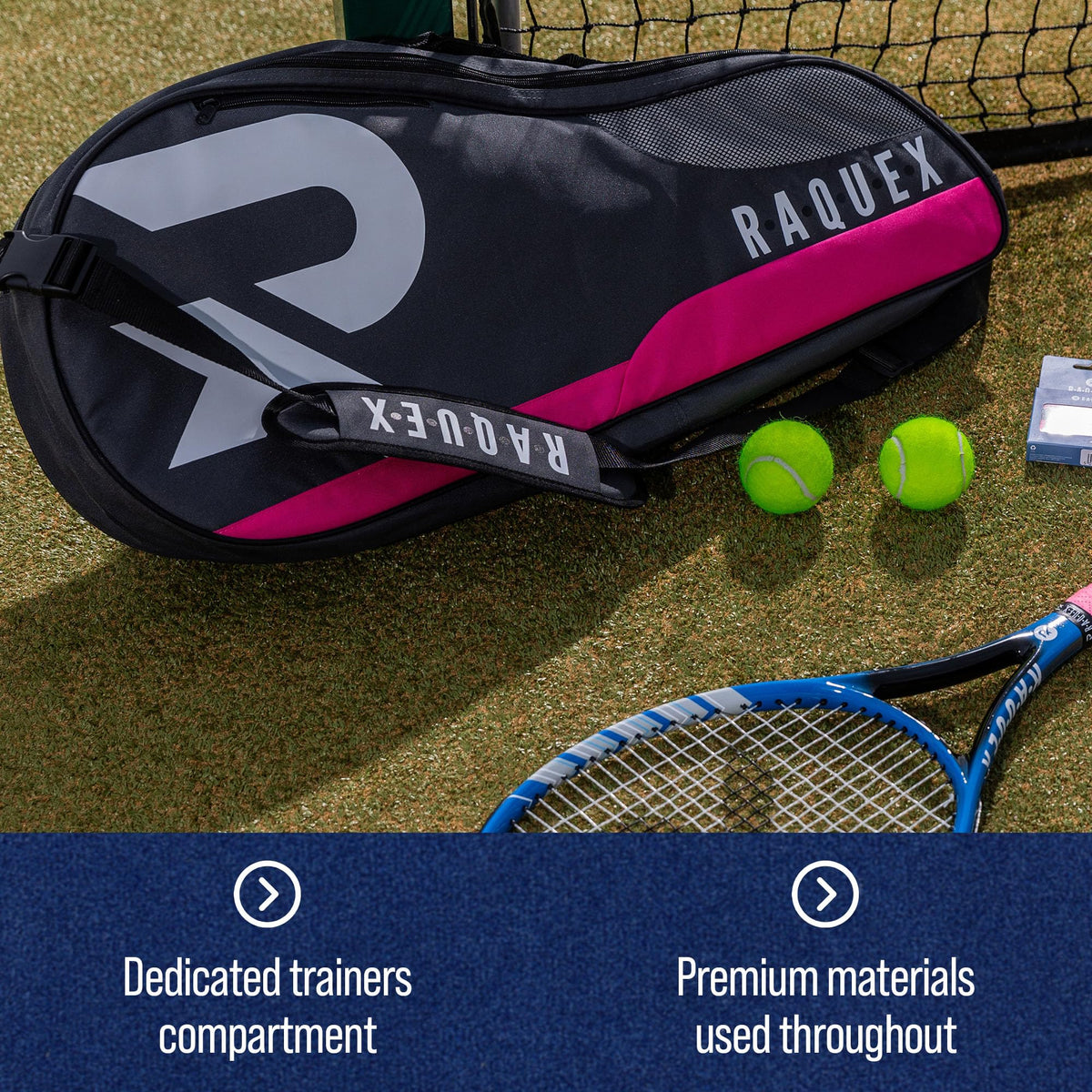 Raquex Tennis Bag - Racket Bag for Tennis, Badminton & Squash Racquets. Blue, Black or Magenta. Badminton Bag, Holds up to 6 Racquets + Accessories +
