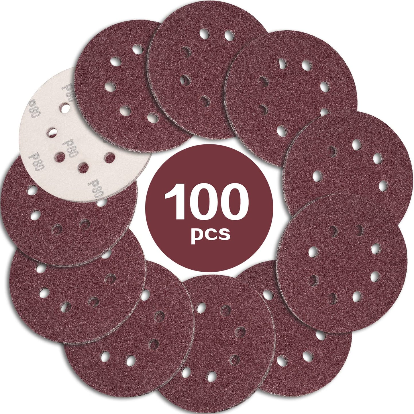 STEBRUAM 100PCS 125mm Sanding Discs 80 Grit, 5 Inch 8 Hole Hook and Loop Sanding Pads for Random Orbital Sander
