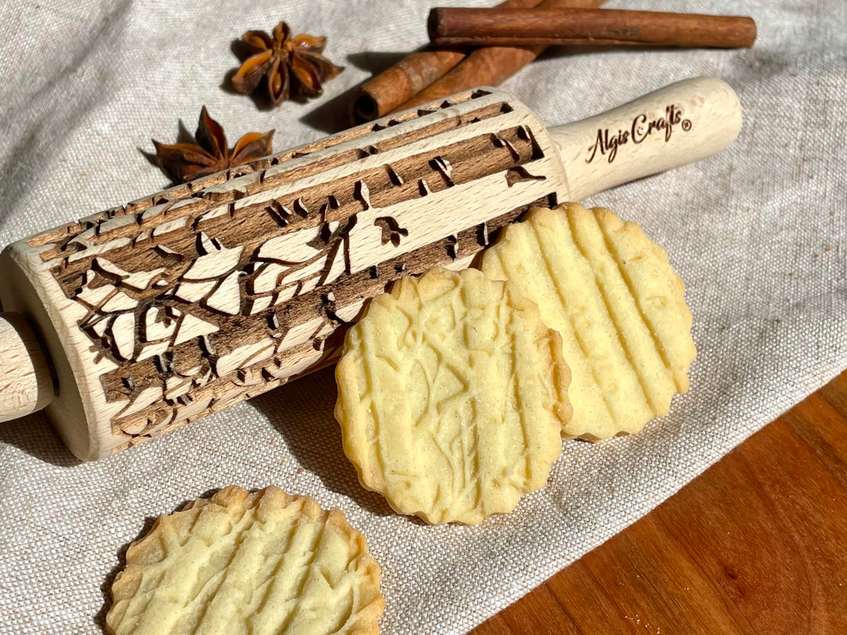 SEASONS 3 Mini Embossed Rolling Pin Set. Wooden Laser Cut Mini Rolling Pins for cookies or clay with spring flowers, tulips, daffodils, strawberries,