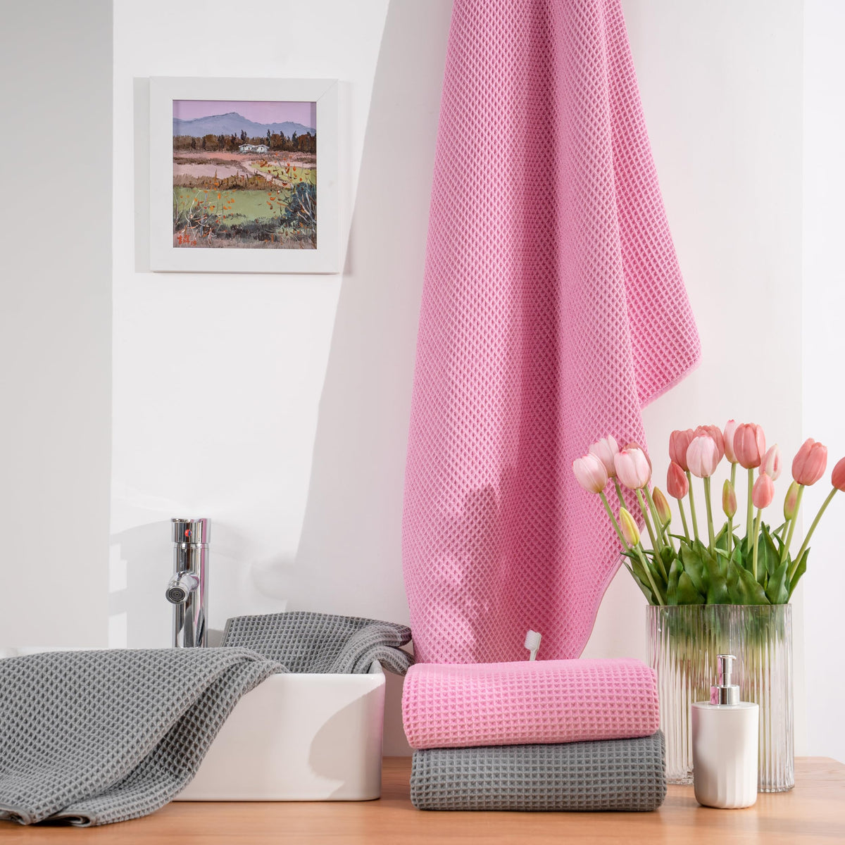 POLYTE Microfibre Oversize Quick Dry Lint Free Bath Towel, 152 x 76 cm, 4 Pack (Grey,Pink, Waffle Weave)