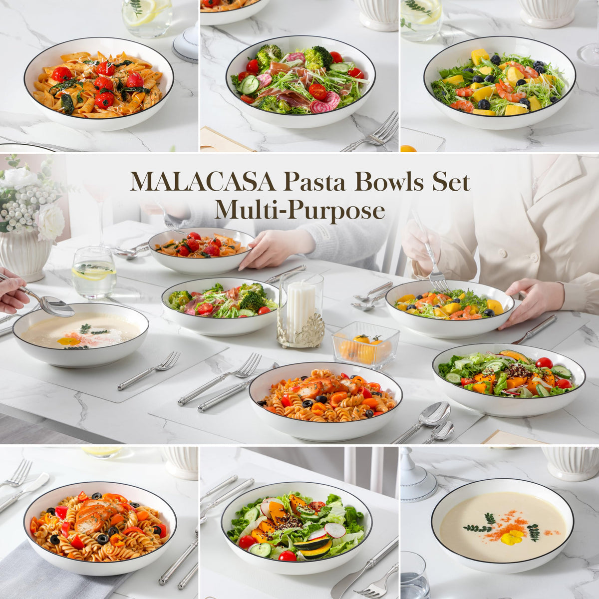 MALACASA Large Pasta Bowls Set of 6 with Black Rim, Pasta Bowls, Pasta Bowls Set, Ceramic Bowls Sets, Microwave and Dishwasher Safe, 6 Piece,