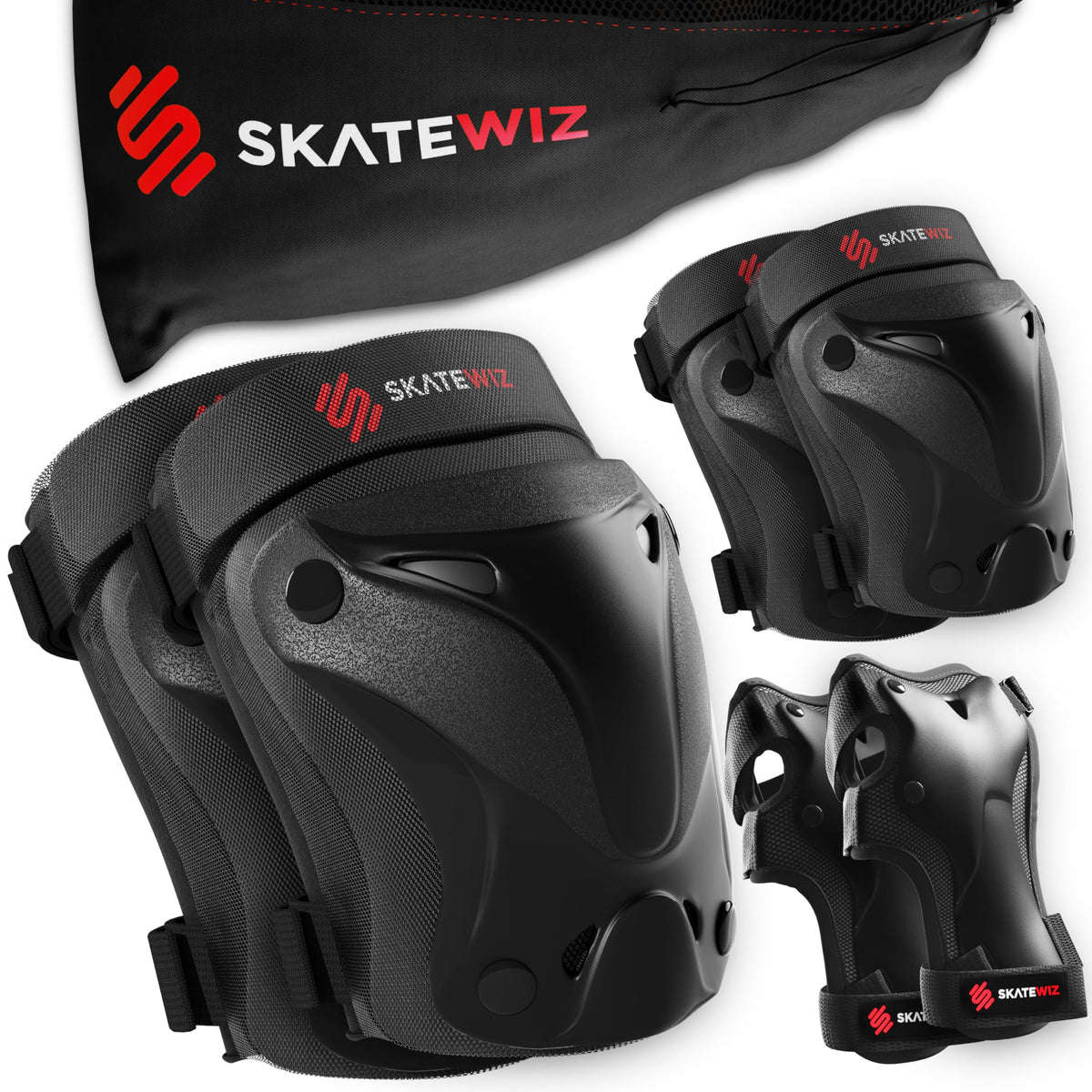 SKATEWIZ Kids Knee and Elbow Pads - PROTECT-1 - Knee Pads Kids Knee and Elbow Pads for Children - XS Black - Kids Knee Pads Scooter Knee Pads Skate