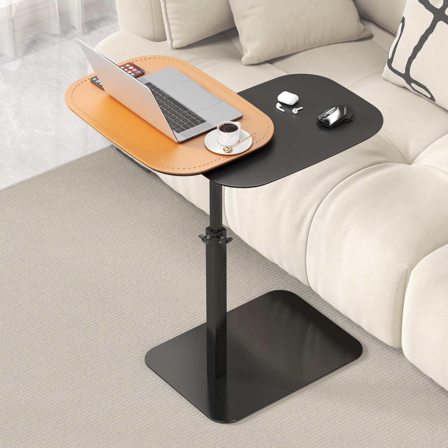 Adjustable Height C Shaped Side Table, 360°Swivel Bedside Table, Double Tabletop Laptop TV Tray Table Narrow End Table for Sofa/Bed