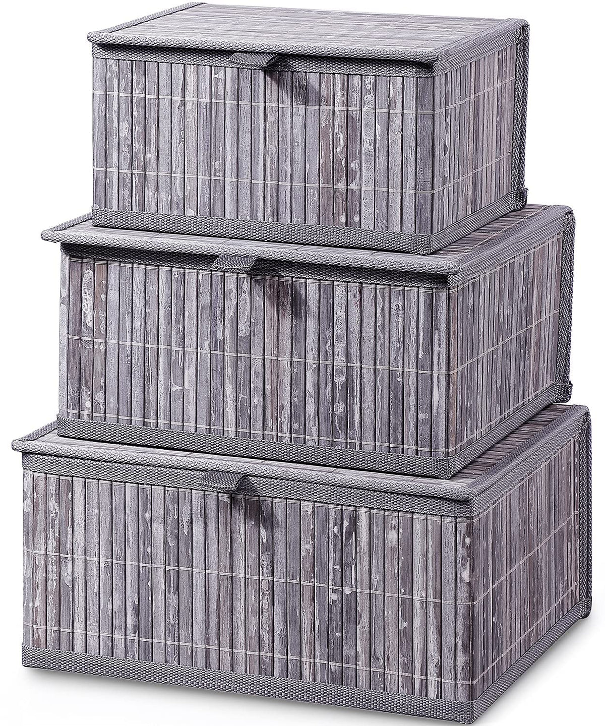 Honygebia Storage Box with Lid, Grey, Bamboo Decorative Storage Basket, Set of 3 Rattan Baskets with Lid, Woven Fabric Insert for Bathroom, Kitchen