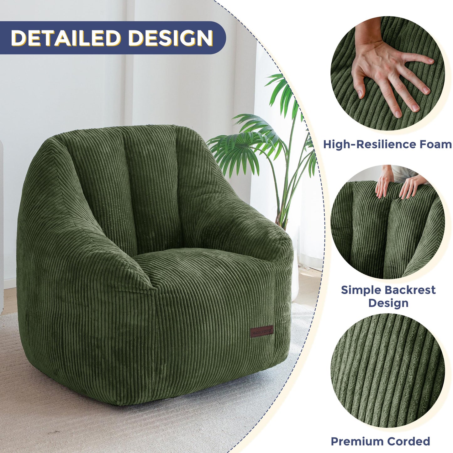 MAXYOYO Bean Bag Chair for Adults or Children, Soft Floor Single with Filling, Comfy Bean Bag Sofa with Back Support, Accent Chair