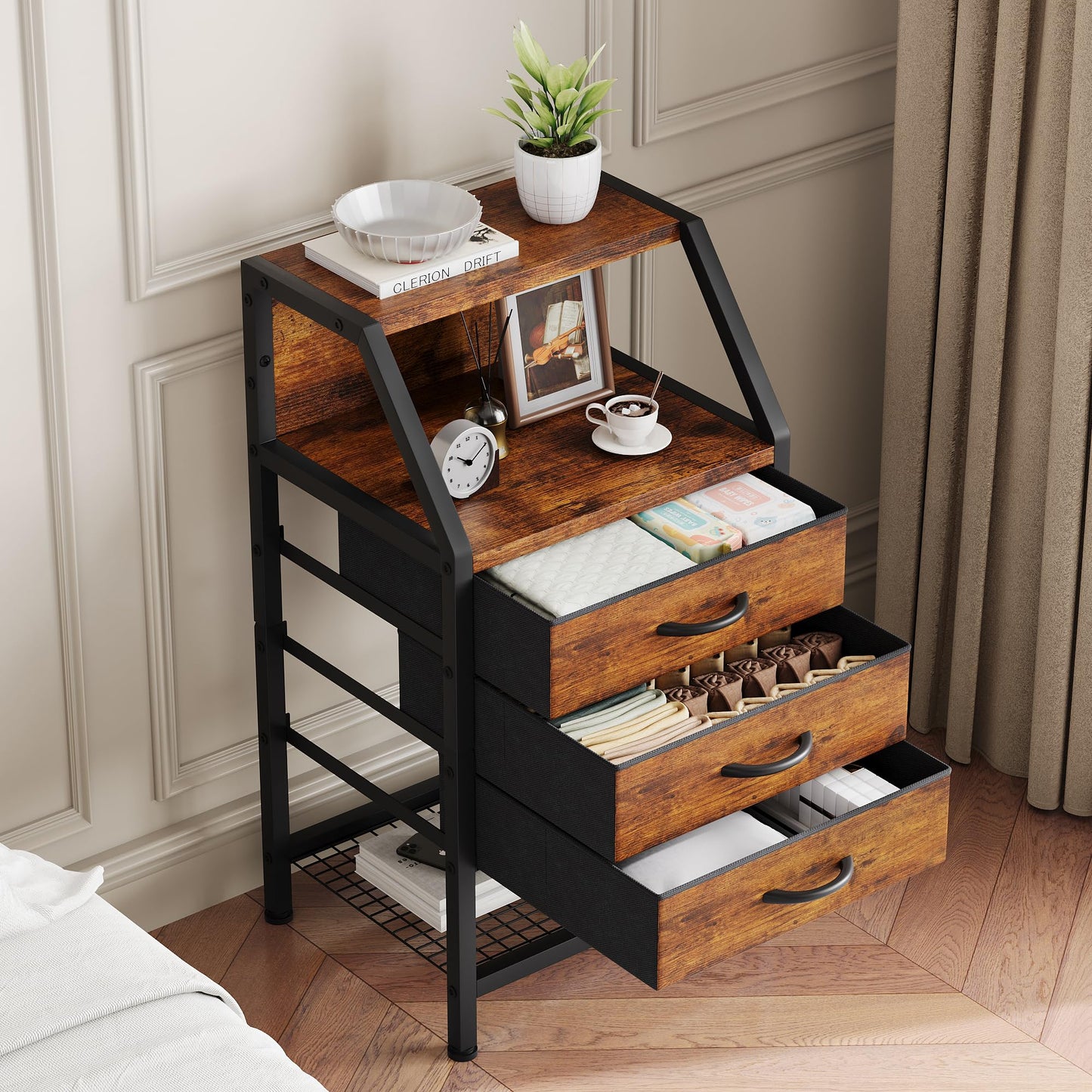 Feonase Bedside Table Wide with 3 Fabric Drawers & Open Shelf Suitable For Bedroom Bed Side Tables, Sofa Side Tables