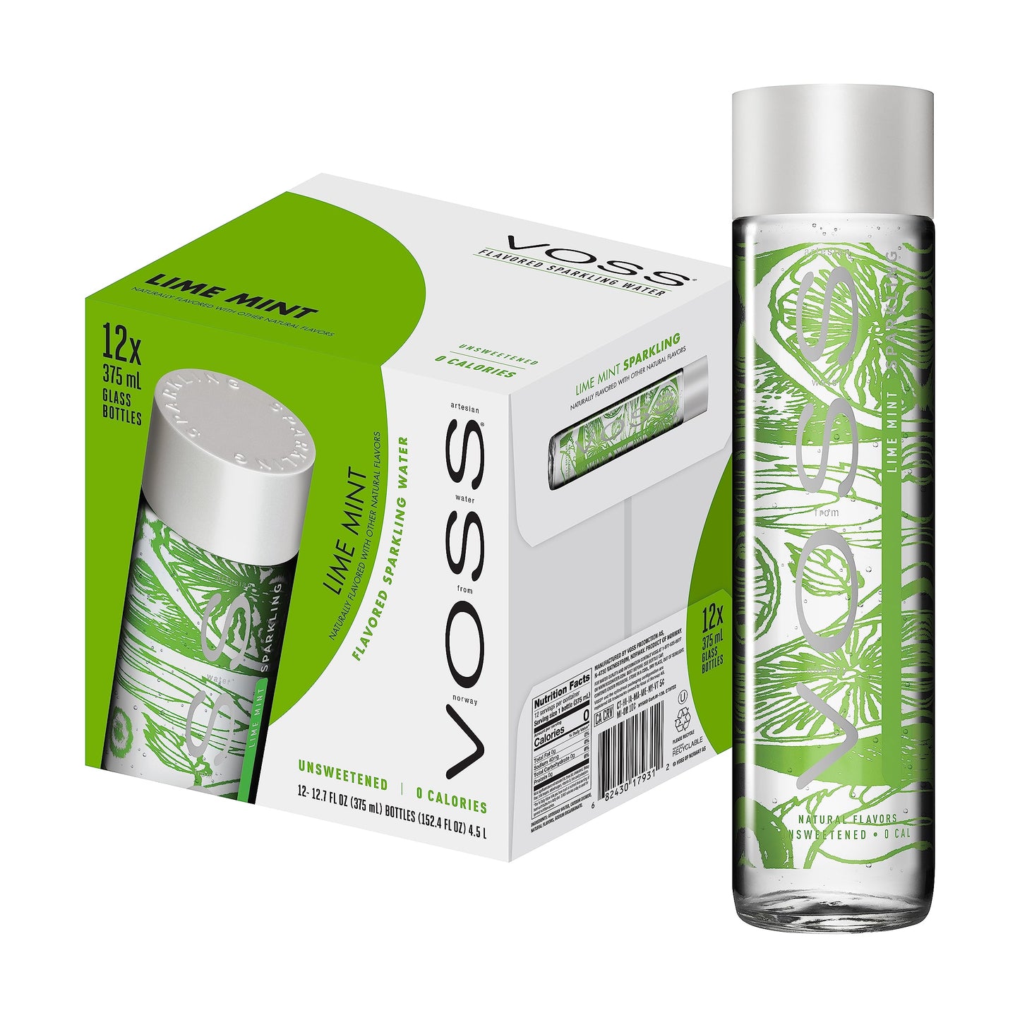 VOSS Lime Mint Flavoured Sparkling Water, Pack of 12 x 375ml VOSS Original Glass Bottles, Zero Calories, No Sugar, Naturally Sourced