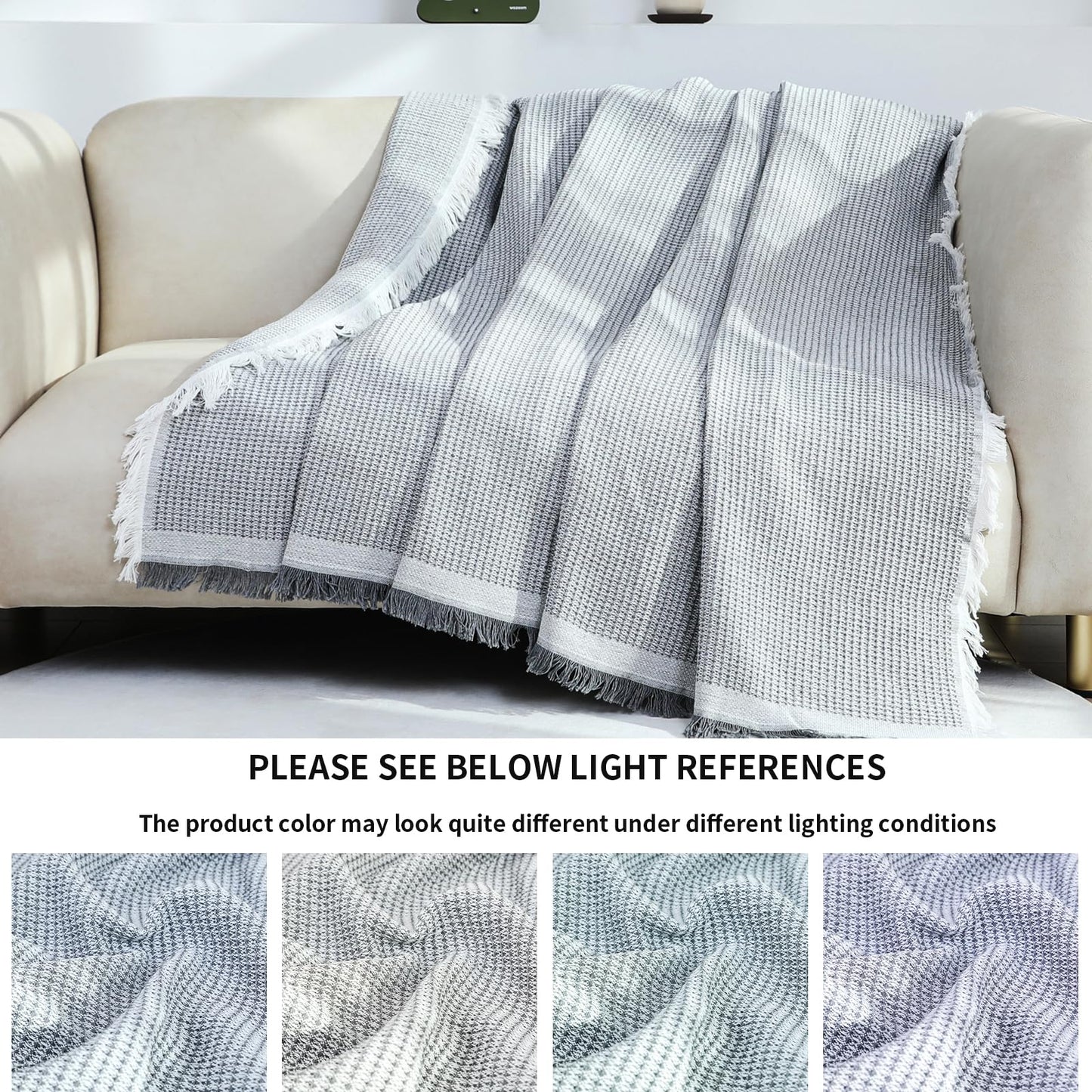 VANJOROY Waffle Large Grey Sofa Throw Blanket With Tassels For 2 3 4 Seater, 100% Handwoven Cotton Knitted Settees Throw for Couch, Armchair and
