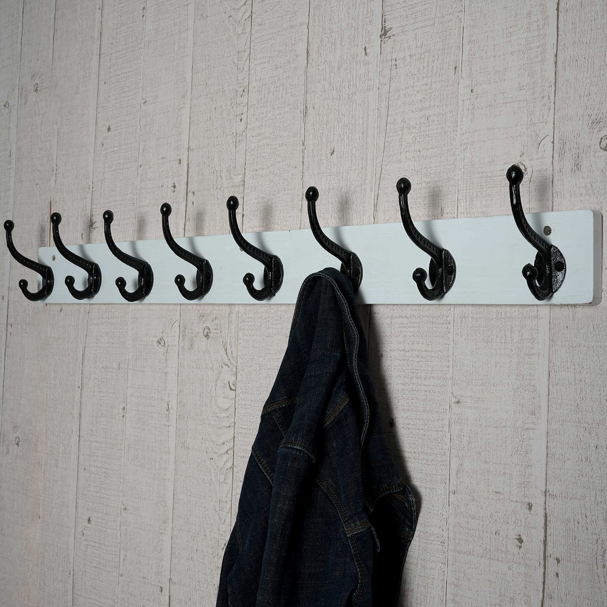 WEBI Rustic Coat Rack Wall Mount Long 8 Cast Iron Coat Hooks Wall Mounted,Heavy Duty Wall Coat Hanger Hooks for Hanging Coats,Clothes,Black on White