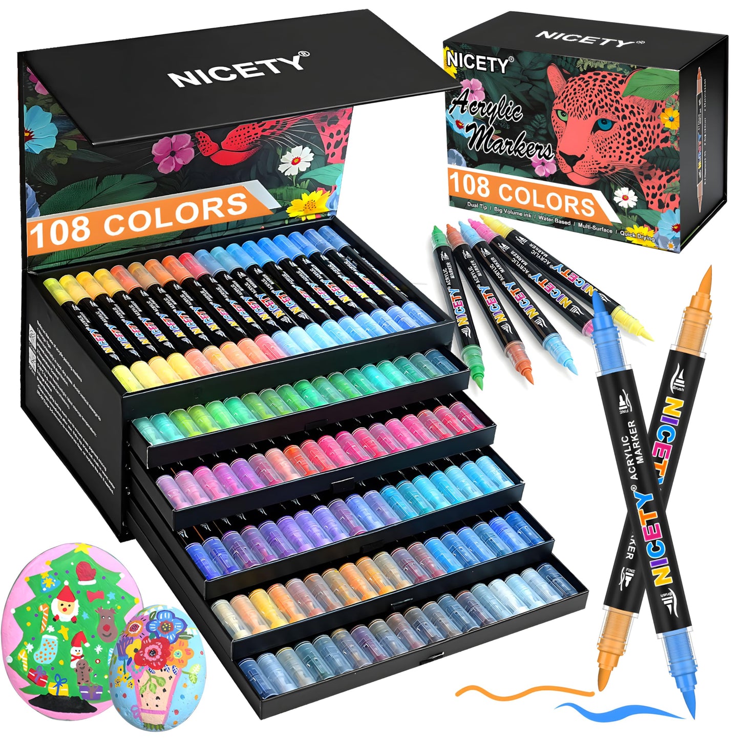 NICETY 108 Colours Acrylic Paint Pens ? Dual Tip 1?5mm Brush & 1mm Fine Markers for Rock, Wood, Glass, Fabric, Metal, Ceramic & Canvas ? Water-Based