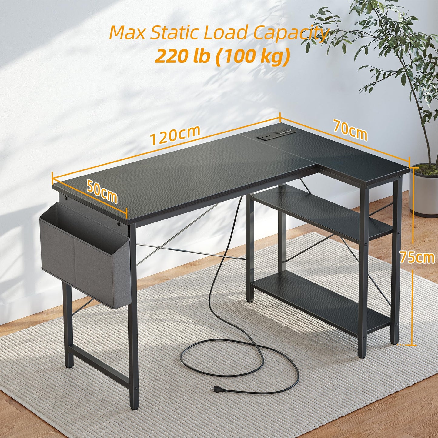 BEXEVUE Small L Shaped Desk with Power Outlets - 120x70cm Gaming Corner Computer Desk Writing Table, Reversible Large Storage Shelves, Bookshelf